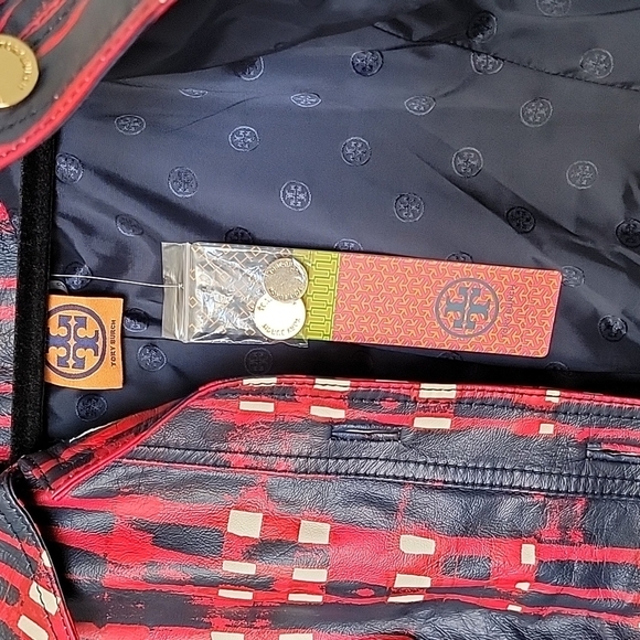 Tory Burch RARE allover painted plaid NWT Buttery Leather Crop jacket large - Picture 12 of 16